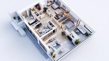Poster - A 3D visualization of a house floor plan viewed from above, highlighting room layouts, ideal for real estate or architectural presentations