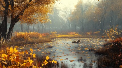 Poster - A beautiful autumn bog with golden foliage, capturing the perfect balance of life cycle between decay and rebirth