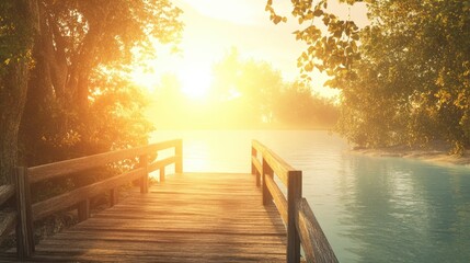 Poster - A beautiful wooden bridge over a body of water, with the sun casting its warm light, creating a tranquil and inviting outdoor scene