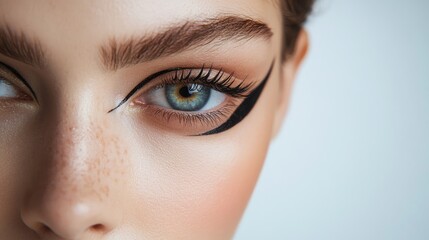 Poster - A beauty close-up of a woman with bold, graphic eyeliner, creating a stylish and edgy look that highlights sharp eye makeup details and modern fashion