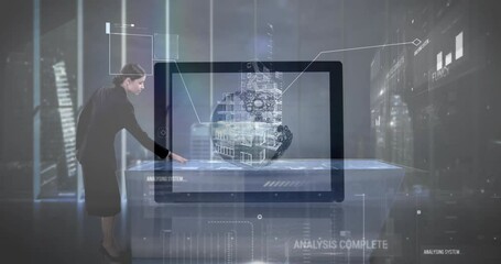 Poster - Interacting with digital animation, businesswoman viewing analysis complete message in office