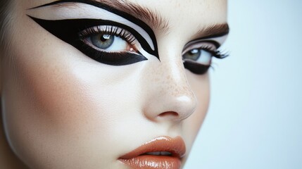Poster - A close-up beauty portrait featuring dramatic graphic eyeliner, accentuating the eyes for a bold, fashionable look with perfect details in the makeup