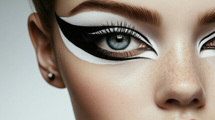 Poster - A close-up beauty portrait featuring dramatic graphic eyeliner, accentuating the eyes for a bold, fashionable look with perfect details in the makeup
