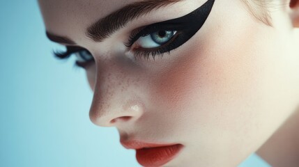 Poster - A close-up beauty portrait featuring dramatic graphic eyeliner, accentuating the eyes for a bold, fashionable look with perfect details in the makeup