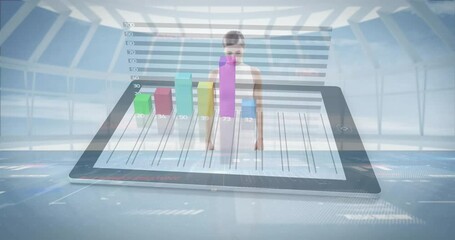 Poster - Bar graph animation over digital tablet with futuristic data interface