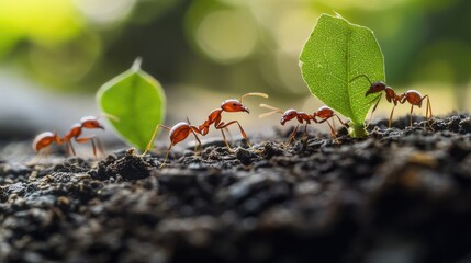 Poster - A close-up of leaf-cutter ants diligently working, showcasing their vital role in the ecosystem, recycling organic matter and nourishing their environment