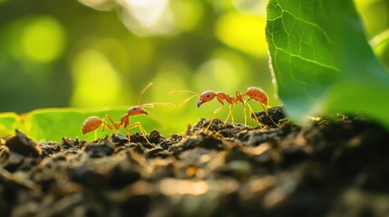 Poster - A close-up of leaf-cutter ants diligently working, showcasing their vital role in the ecosystem, recycling organic matter and nourishing their environment
