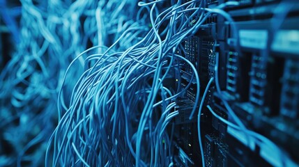 Poster - A close-up view of tangled network cables leading to a managed switch, set in a high-tech data center environment with advanced equipment and infrastructure