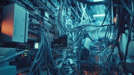 Poster - A cluttered scene with network cables tangled around a managed switch in a modern data center, representing the intricate design of tech systems