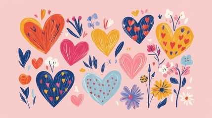 Aufkleber - A collection of colorful heart illustrations set against a pink background, evoking love, joy, and positivity in a cheerful design layout