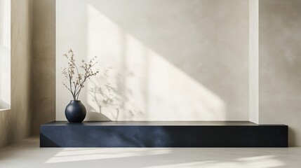 Poster - A contemporary dark blue podium placed in a cream-colored minimalist room, offering a chic and elegant backdrop for creative and professional displays