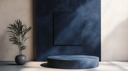 Poster - A contemporary dark blue podium placed in a cream-colored minimalist room, offering a chic and elegant backdrop for creative and professional displays