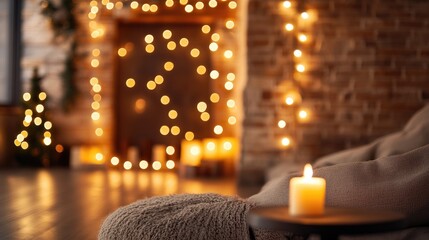 Poster - A cozy loft wall decorated with soft glowing Christmas lights, setting a tranquil and festive mood for holiday-themed visuals or graphics