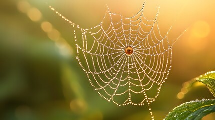 Macro shot of a dew-covered spider web highlights realistic strands and dew drops in soft golden morning light against a green background, offering an intricate close-up view of nature’s detail.
