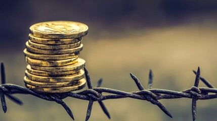 Poster - A delicate stack of golden coins rests atop sharp barbed wire, symbolizing the fine line between wealth and risk in the financial world