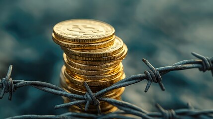 Poster - A delicate stack of golden coins rests atop sharp barbed wire, symbolizing the fine line between wealth and risk in the financial world
