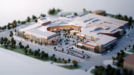 Poster - A detailed 3D maquette model showing a shopping mall expansion with added stores, dining, and entertainment areas