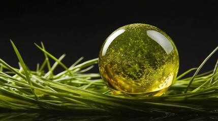 Poster - A dewdrop rests on a green blade of grass, its spherical form perfectly reflecting nature's serene and tranquil essence, creating a peaceful scene