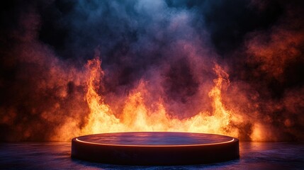 Poster - A dramatic round podium illuminated by fire flames in a dark environment, creating an intense and futuristic visual for high-energy presentations