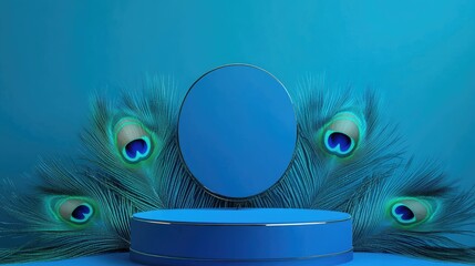 Aufkleber - A gleaming blue luxury podium positioned elegantly on vibrant peacock feathers, set against a serene gradient blue background, perfect for product displays
