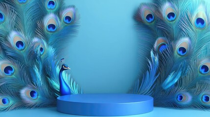 Poster - A gleaming blue podium surrounded by vibrant peacock feathers, set against a serene gradient blue background, offering a sophisticated display for products