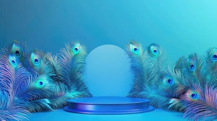 Poster - A gleaming blue podium surrounded by vibrant peacock feathers, set against a serene gradient blue background, offering a sophisticated display for products
