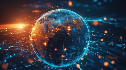 Poster - A glowing globe encircled by digital connections and figures, representing the modern age of global communication, networking, and technology