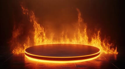 Poster - A glowing round podium amidst fiery flames, glowing brightly in the dark, creating a striking and dramatic visual for futuristic events or performances