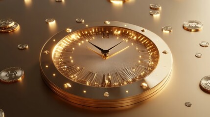 Poster - A golden clock with glimmering coins surrounding it, emphasizing wealth and time management in a sophisticated minimalist setting for financial visuals