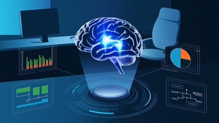 Poster - Brain's Digital Domain: A captivating image of a glowing human brain overlaid onto a modern office scene, visualizing the interface between human intellect and technology.