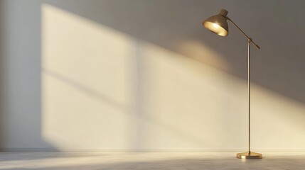 Poster - A golden lamp overhead casts a spotlight, illuminating a clean, minimalist studio space, ideal for adding text or graphics for professional design work
