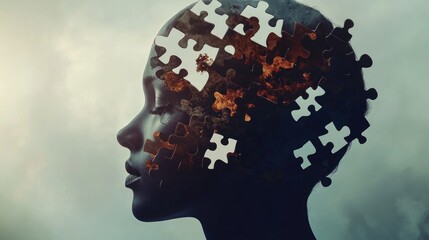 Poster - A head silhouette with missing puzzle pieces, symbolizing the emotional and cognitive effects of memory loss and Alzheimer