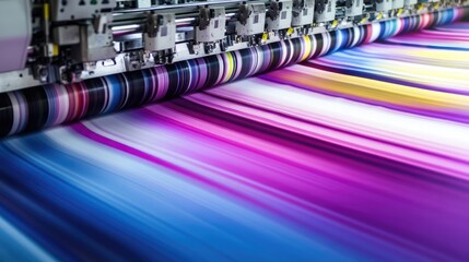 Aufkleber - A high-performance industrial printer creating colorful graphics on large paper, with vivid hues and sharp detail in a well-equipped print shop