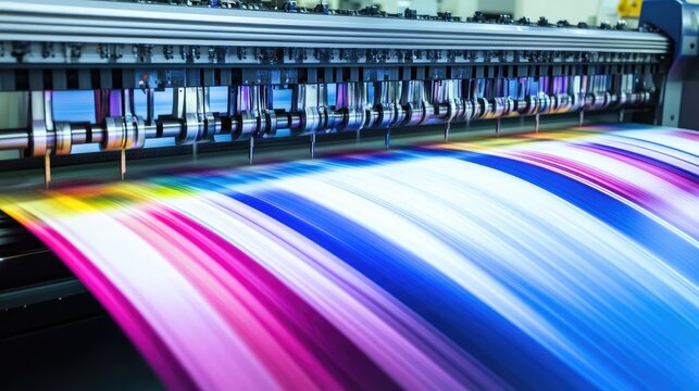 A high-performance industrial printer creating colorful graphics on large paper, with vivid hues and sharp detail in a well-equipped print shop