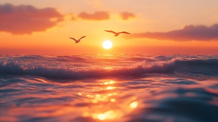 Wall Mural - sunset over the ocean features realistic soft waves and flying seagulls in warm golden light with or