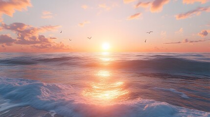 Wall Mural - sunset over the ocean features realistic soft waves and flying seagulls in warm golden light with or