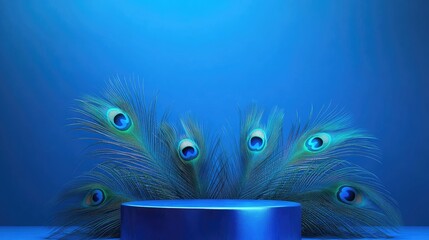 Poster - A luxurious blue podium resting on vivid peacock feathers, set against a tranquil gradient blue backdrop, perfect for elegant product displays or branding