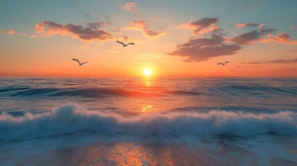 Wall Mural - sunset over the ocean features realistic soft waves and flying seagulls in warm golden light with or