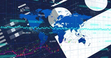 Poster - animation of world map with financial data and graphs showing global connections