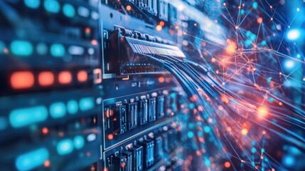Poster - A messy tangle of network cables feeding into a managed switch in a high-tech data center, symbolizing the complexity of data management systems