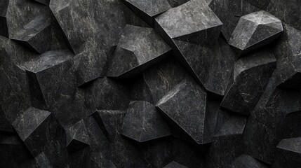 Poster - A minimalist abstract composition of black geometric stone shapes, with lighting effects emphasizing textures and depth in the visual