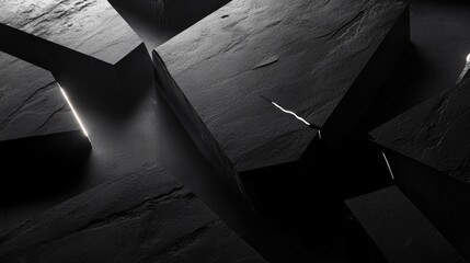 Poster - A minimalist abstract composition of black geometric stone shapes, with lighting effects emphasizing textures and depth in the visual