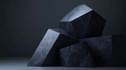 Poster - A minimalist abstract composition of black geometric stone shapes, with lighting effects emphasizing textures and depth in the visual