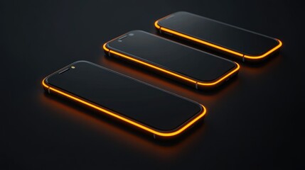 Poster - A minimalist display of three black smartphones, each with glowing neon edges, against a dark, moody background