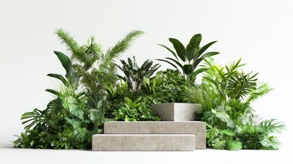 Poster - A minimalist podium design with bold geometric shapes and lush green plants, creating a surreal summer scene against a clean white backdrop