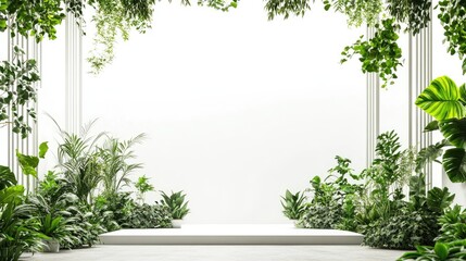 Poster - A minimalist podium design with bold geometric shapes and lush green plants, creating a surreal summer scene against a clean white backdrop