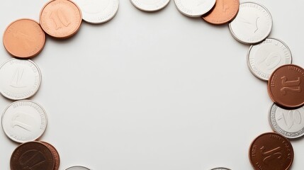 Poster - A minimalist scene featuring coins arranged in a circular formation, providing clear space around them for adding graphics or text in a clean layout