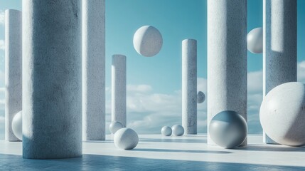 Poster - A modern artistic scene featuring spheres and cylindrical shapes floating in a cool-toned setting, evoking a sense of depth, peace, and creativity for design projects
