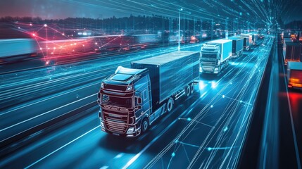 Poster - A modern logistics concept showcasing trucks moving along a connected network, representing innovation and efficiency in cargo transport through digital connections