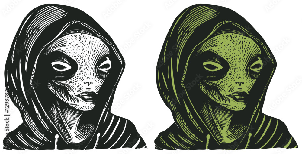 Vector illustration of an alien wearing a hoodie, in two different ...